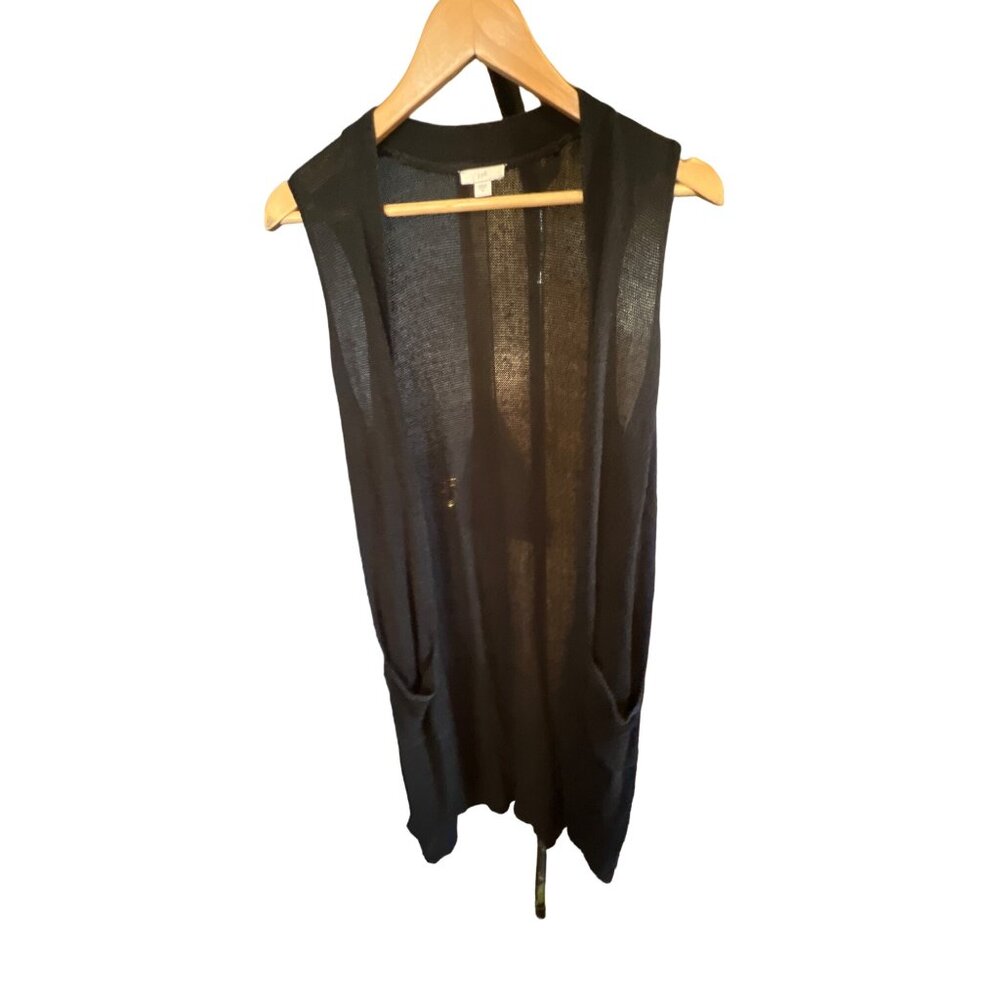 J.Jill‎ Black Long Sleeveless Cardigan Duster Size Medium Pockets Linen Blend